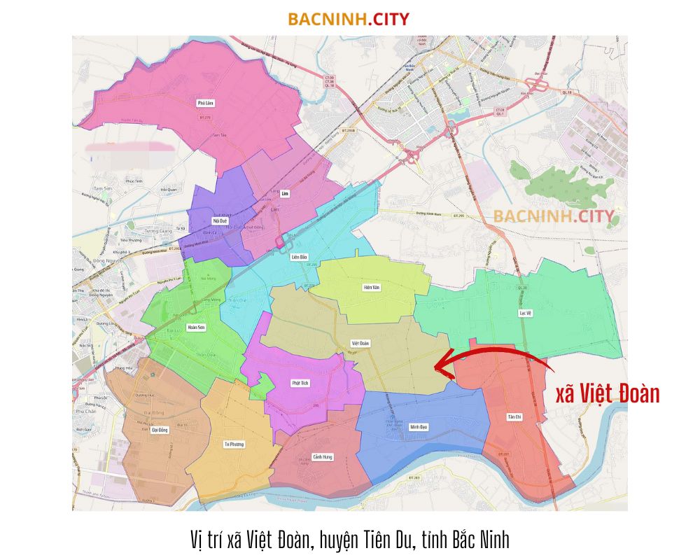 Vị trí xã Việt Đoàn, huyện Tiên Du, tỉnh Bắc Ninh. Hình minh họa