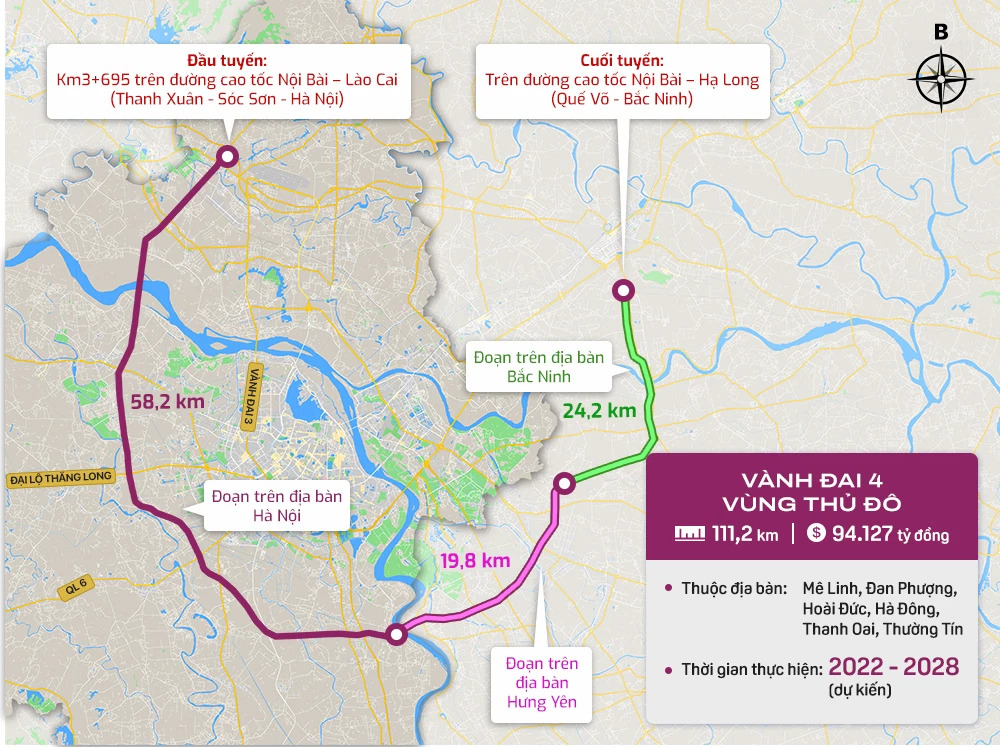 Sơ đồ dự kiến hướng tuyến đường vành đai 4 – vùng Thủ đô. (Đồ họa: Alex Chu).