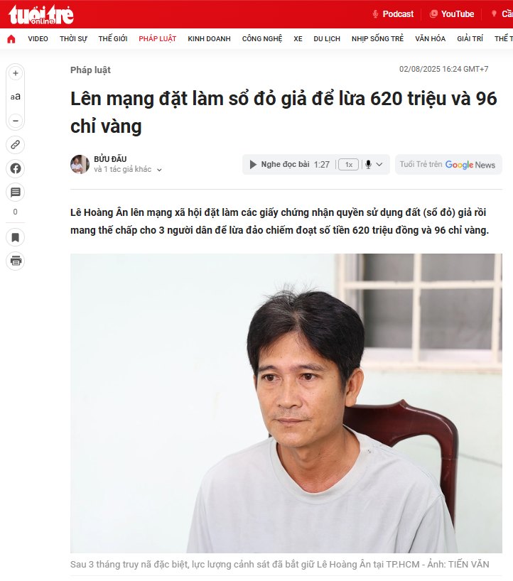 lua dao LeHoangAn Lừa thành công 620 triệu đồng & 96 chỉ vàng bằng "sổ đỏ" mua online